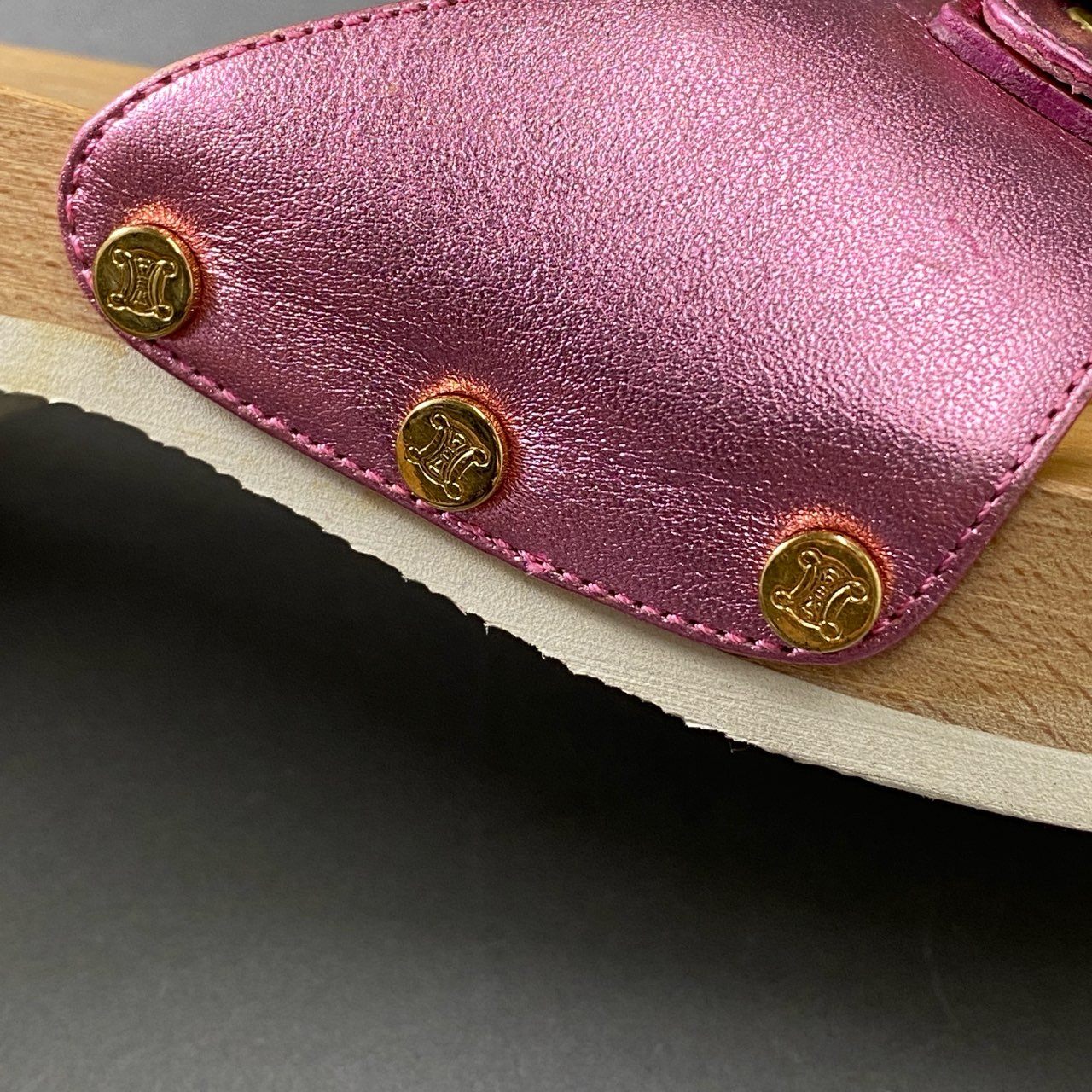 3f17 CELINE セリーヌ × Dr Scholl ドクターショール コラボ マカダム ゴールドバックル ウッドソールサンダル 37 ピンク レザー シューズ