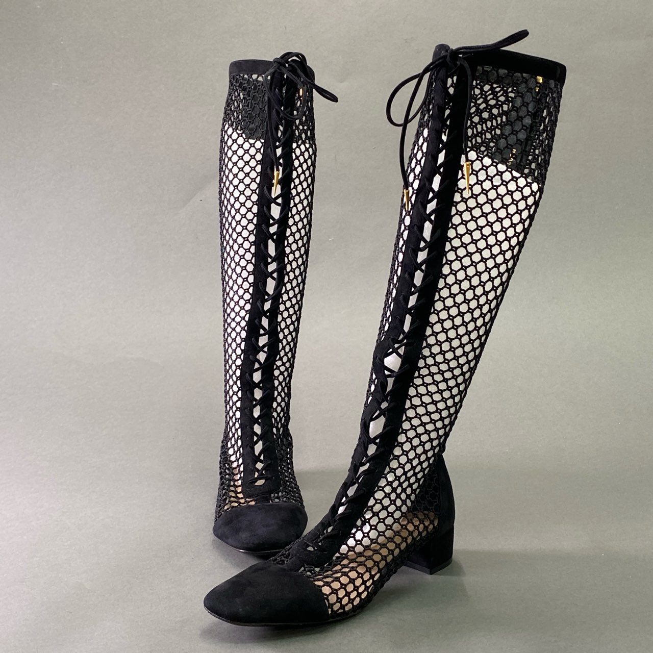 1f6 Christian Dior クリスチャン ディオール メッシュ ロングブーツ 編み上げ 39 ブラック レザー Y2K バックジップ シューズ 保存袋付き