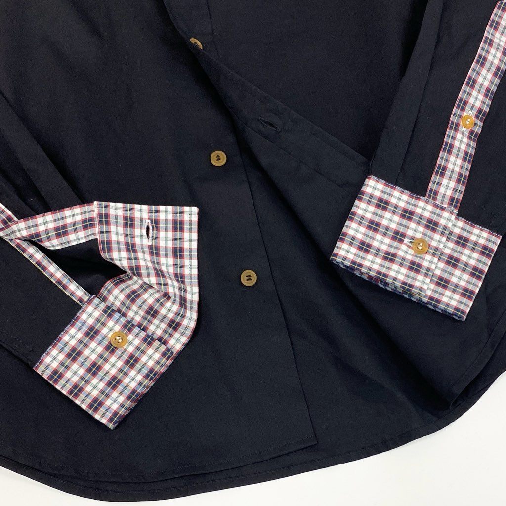 9f8 《新品保管品》 Vivienne Westwwod MAN ヴィヴィアンウエストウッド マン 胸元オーブ刺繍 長袖シャツ トップス チェック切替 サイズ46 ブラック コットン100% メンズ 紳士服