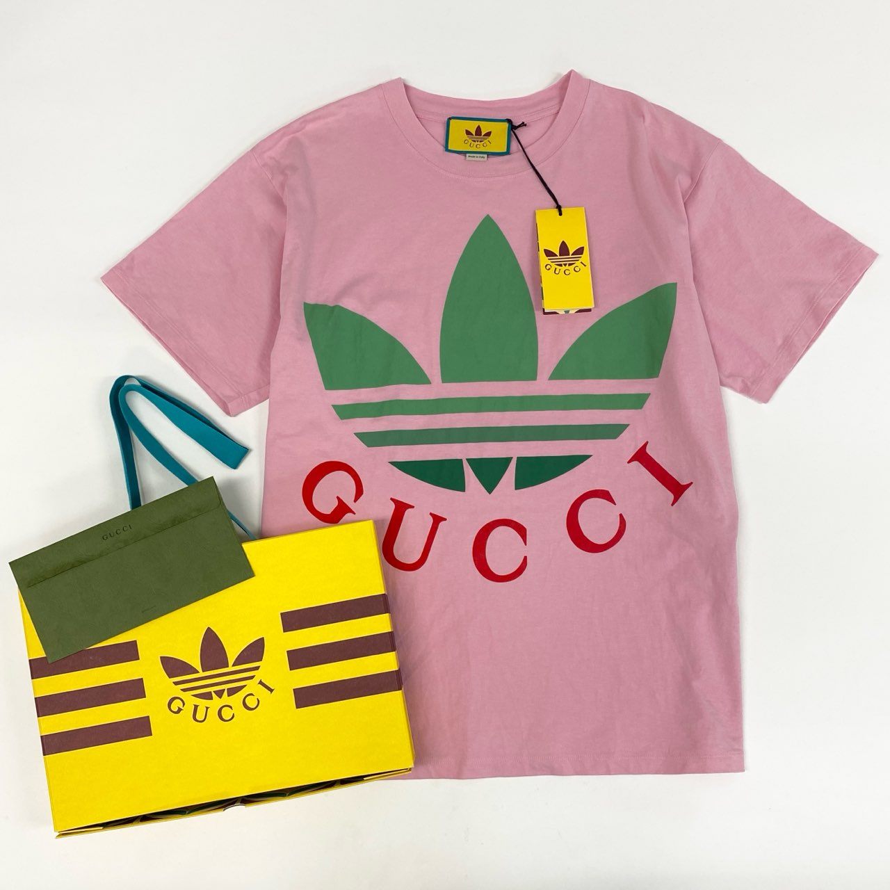 4i12 GUCCI グッチ × adidas アディダス トレフォイル プリントTシャツ 723384 M ピンク カットソー 箱 タグ付属k02i