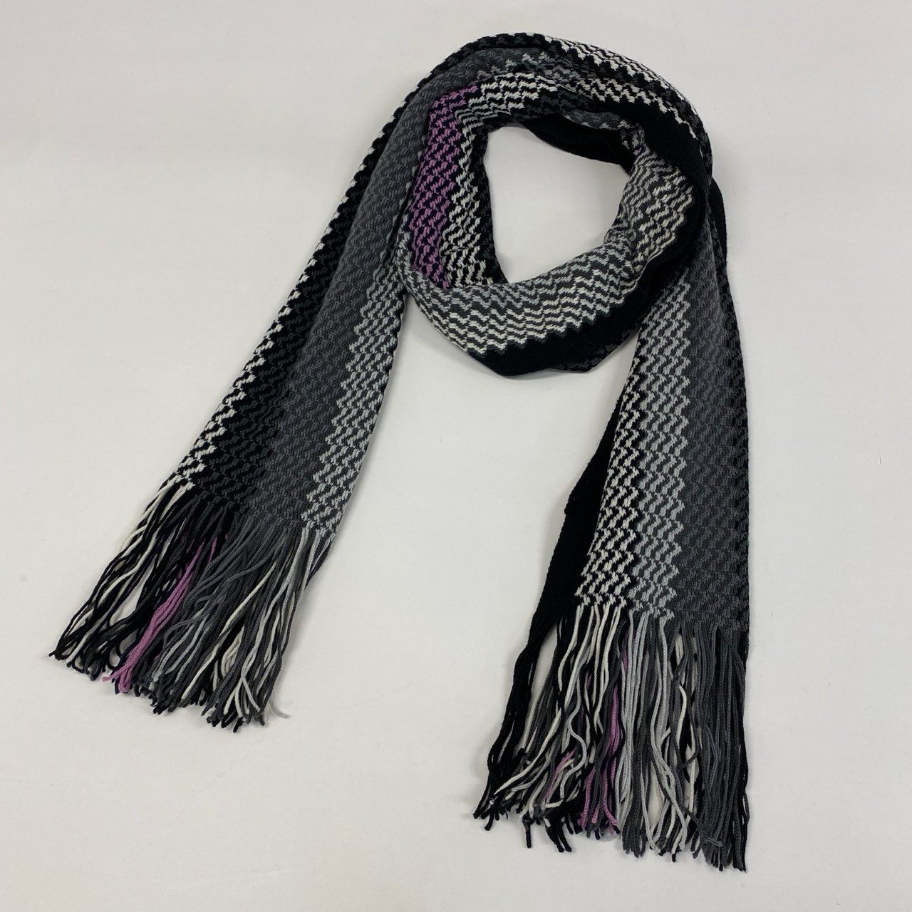h1 MISSONI ミッソーニ イタリア製 フリンジマフラー 服飾小物 ストール ブラック グレー パープル ユニセックスk02i