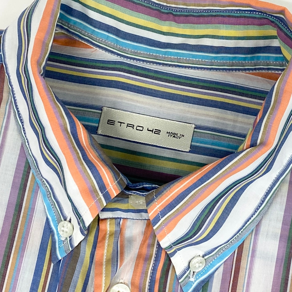 30h29 ETRO エトロ 長袖シャツ ストライプシャツ コットンシャツ ロングスリーブ 胸元ロゴ刺繍 42サイズ マルチカラー メンズ 男性用u02t