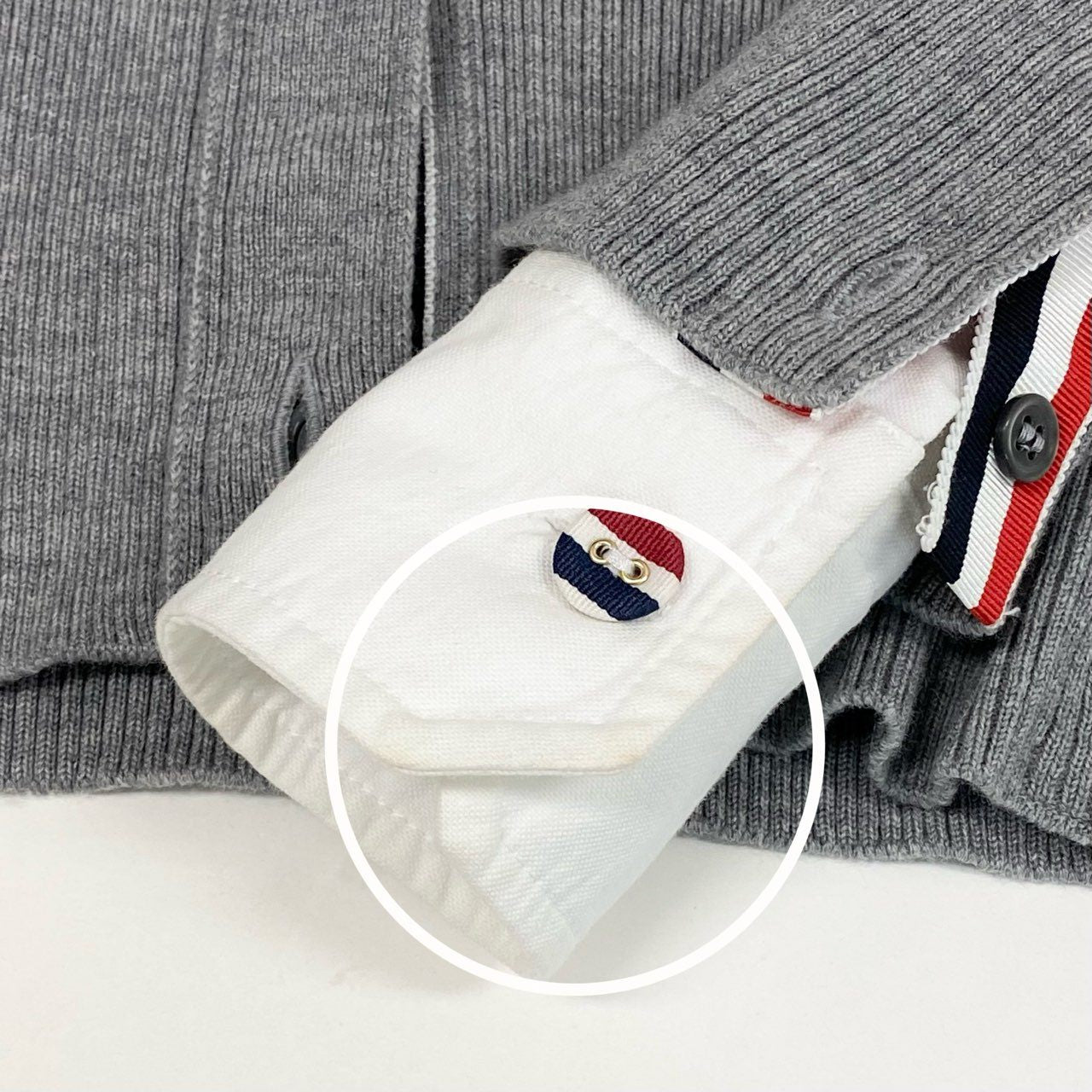 Ec3 THOM BROWNE トムブラウン トリコロール ニットカーディガン 襟付き ドッキングデザイン FKC393A 36 グレー ウール コットン レディースk02i