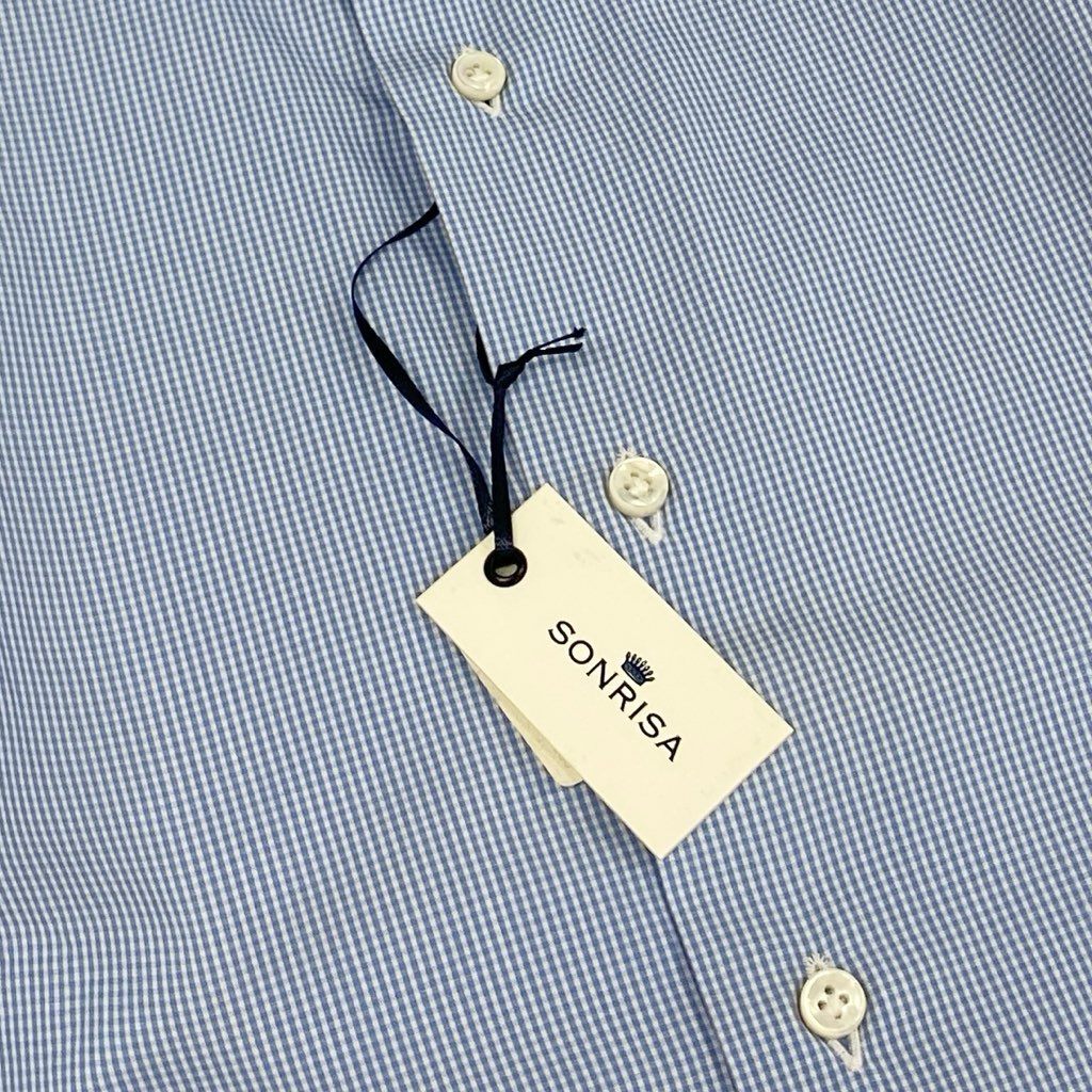 7f8 《未使用品》タグ付 SONRISA ソンリーサ ワイドカラー ドレスシャツ 長袖シャツ チェック柄 ビジネス◎ 大きいサイズ 42 16 1/2 ブルー コットン