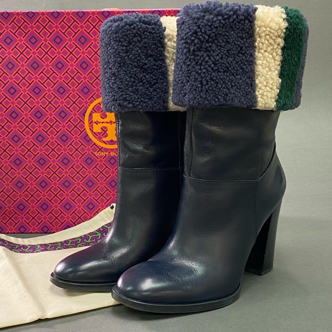 13c19 定価¥88000 TORY BURCH トリーバーチ ボアレザーブーツ 7M ネイビー レザー ロングブーツ シューズ 箱付き