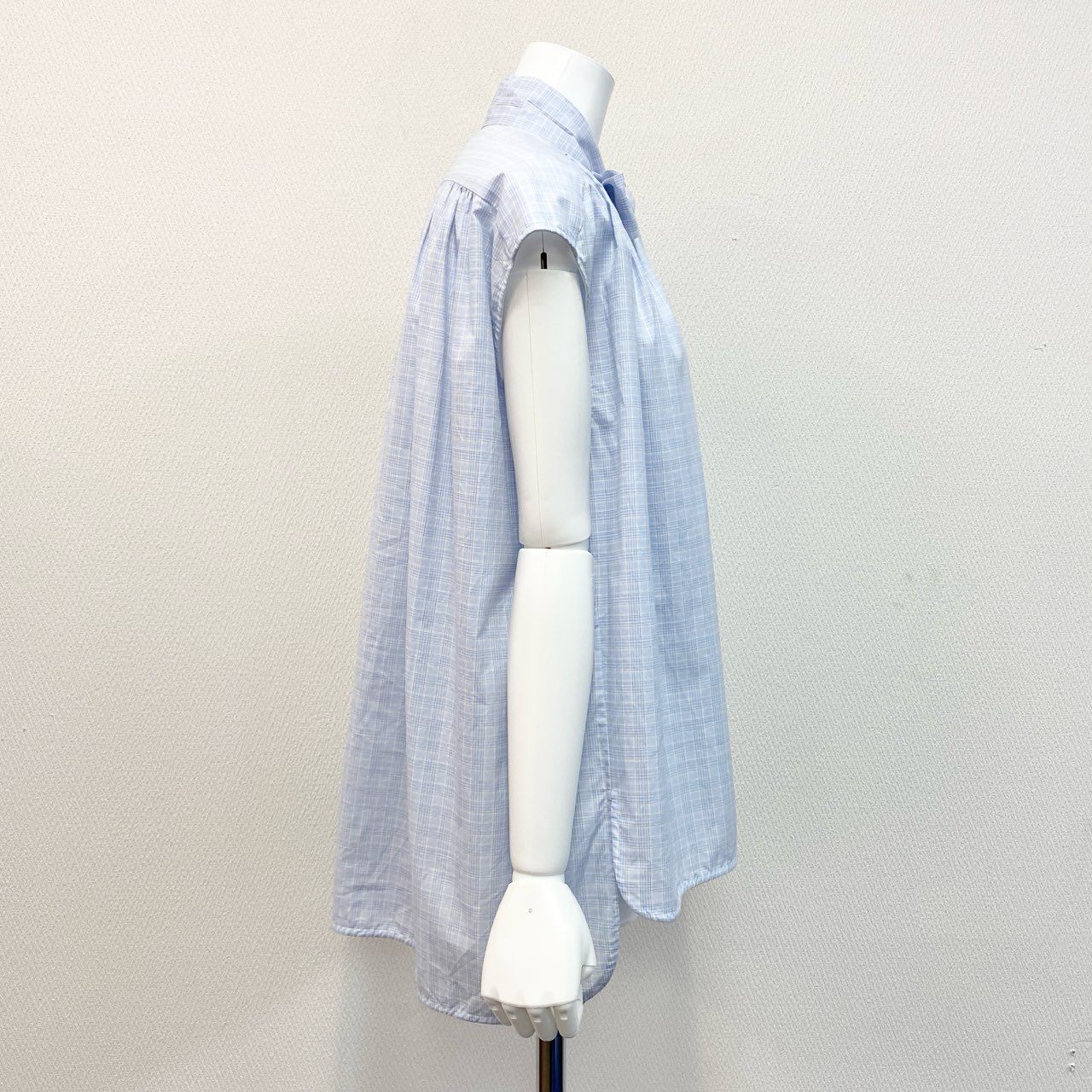 10j31 《美品》 Drawer ドゥロワー コットンチェックギャザーブラウス ノースリーブトップス 6521-299-0781 サイズ36 ライトブルー コットン100% レディース ユナイテッドアローズ 日本製