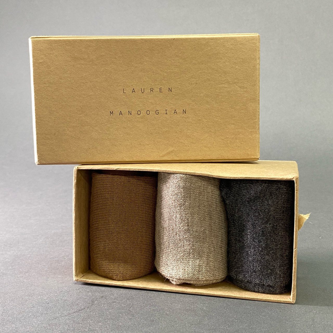 a5-2 定価¥31,900 LAUREN MANOOGIAN ローレンマヌーギアン TALL SOCK 3P SET トールソックス OS グレー ベージュ ブラウン ペルーニット 靴下