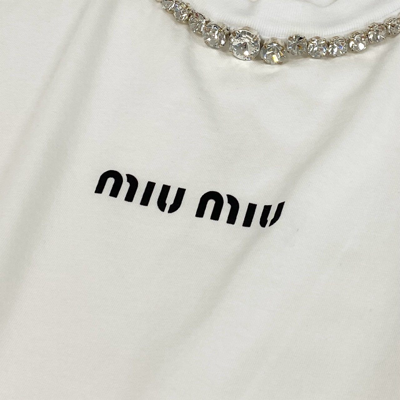 77f24 miu miu ミュウミュウ ロゴプリント 半袖カットソー ラインストーン Tシャツ ショートスリーブ トップス MJN264 XSサイズ ホワイト コットン レディース