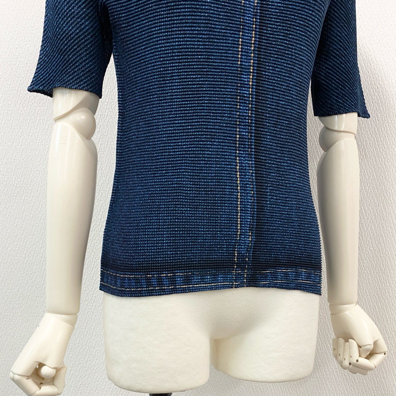 48h14 ISSEY MIYAKE イッセイミヤケ デニム転写 プリーツ加工 Tシャツ カットソー トップス PP16-FJ221 サイズ3 インディゴブルー ポリエステル プリーツプリーズ ヴィンテージu02t