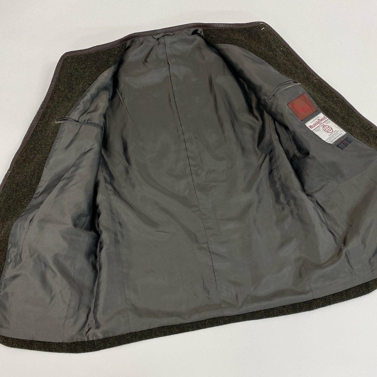 51f3 Papas パパス Harris Tweed ハリスツイード ノーカラー ツイードジャケット オーバーサイズ レザーパイピング アウター 50 L グリーン カーキ系 ウール 牛革