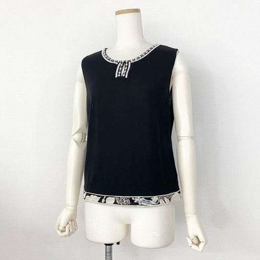 31h30 LEONARD FASHION レオナール ラインストーン装飾 カシミヤニットベスト ノースリーブトップス 美しいプリント切替 0387954 サイズL ブラック カシミヤ100% レディース