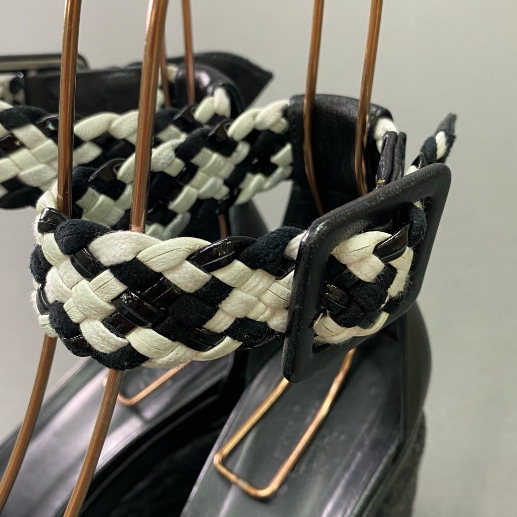 4d6 《美品》 HERMES エルメス イネス 編み込みデザイン ウェッジソールサンダル 34 ブラック ホワイト レザー シューズ イタリア製 夏