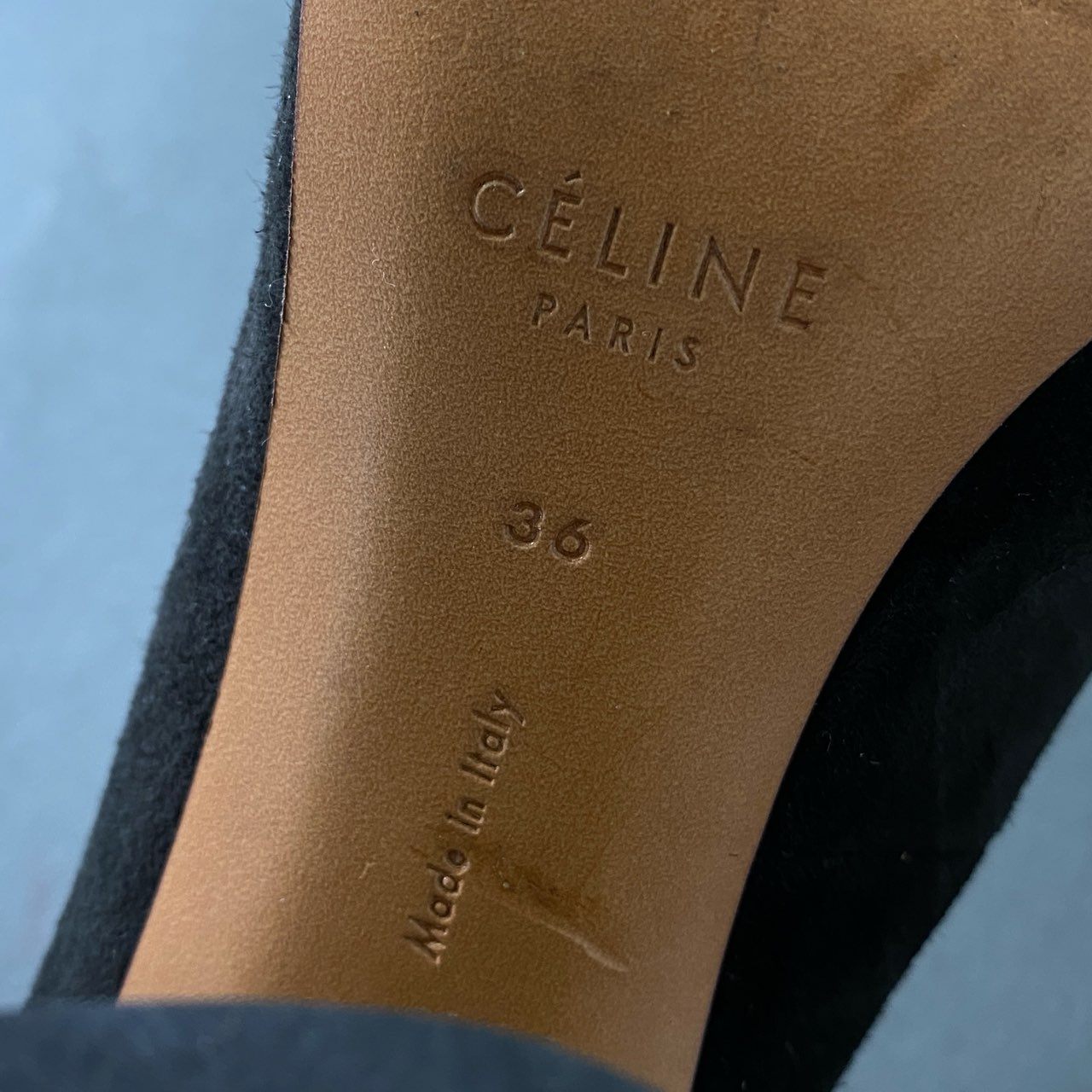 4g19 イタリア製 CELINE セリーヌ スエード レザー チャンキーヒール パンプス シューズ 36 ブラック スウェード