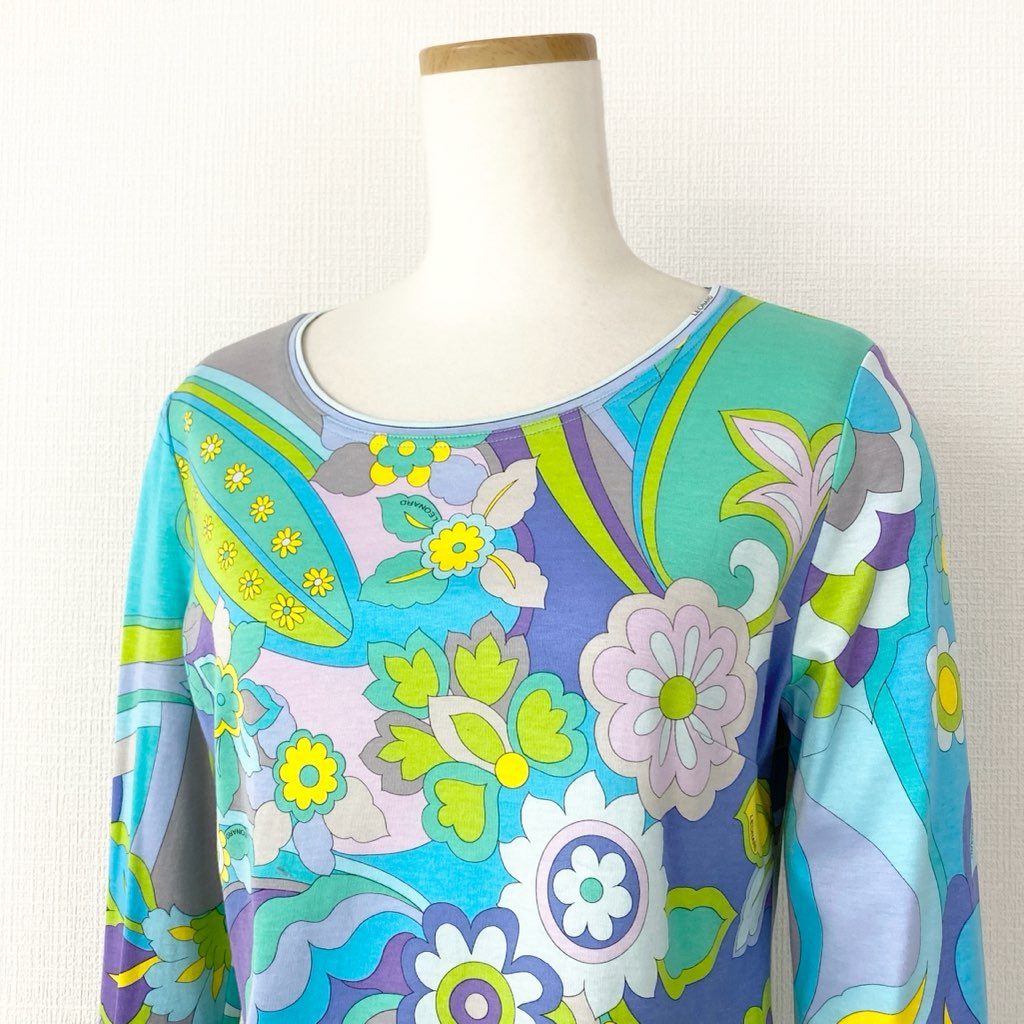 6e8 LEONARD レオナール 長袖Tシャツ ロングスリーブカットソー トップス 美しい花柄プリント サイズM マルチカラー コットン100% レディース 日本製