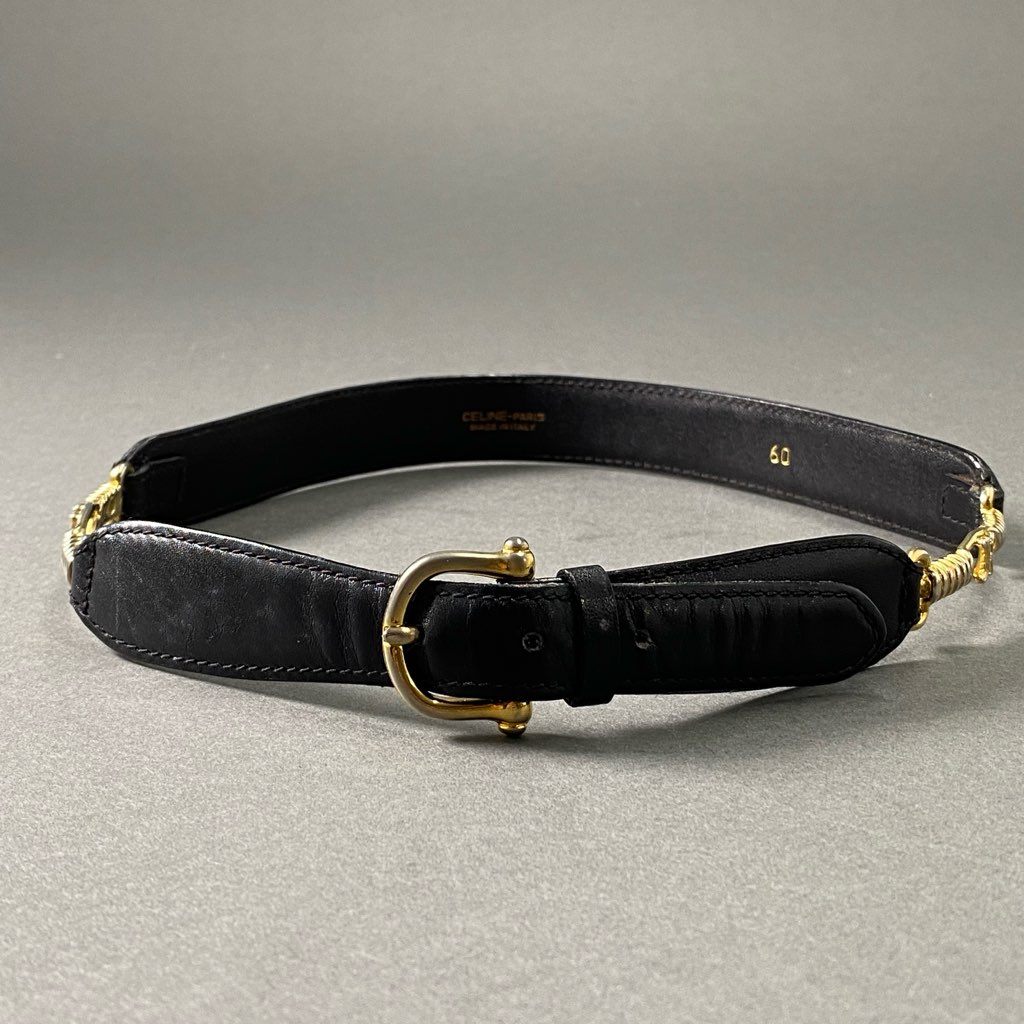 6f23 CELINE セリーヌ ダブルトリオンフ レザーベルト 60 ブラック Leather Belt イタリア製 ゴールド金具