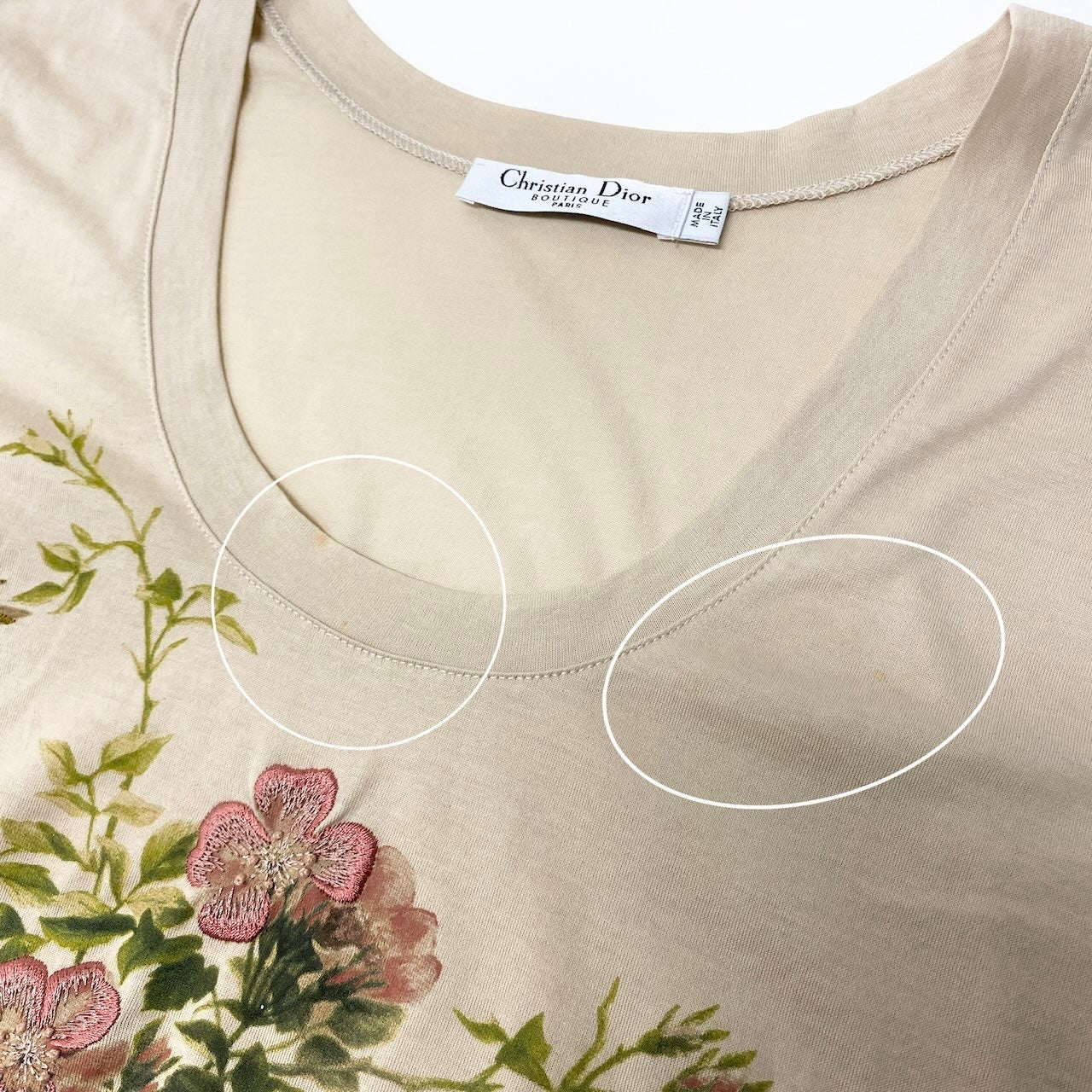 Ed22 Christian Dior クリスチャンディオール ガリアーノ期 半袖コットンTシャツ Uネック 花刺繍 トップス 46サイズ ベビーピンク コットン100% レディース 女性用nu1nu1