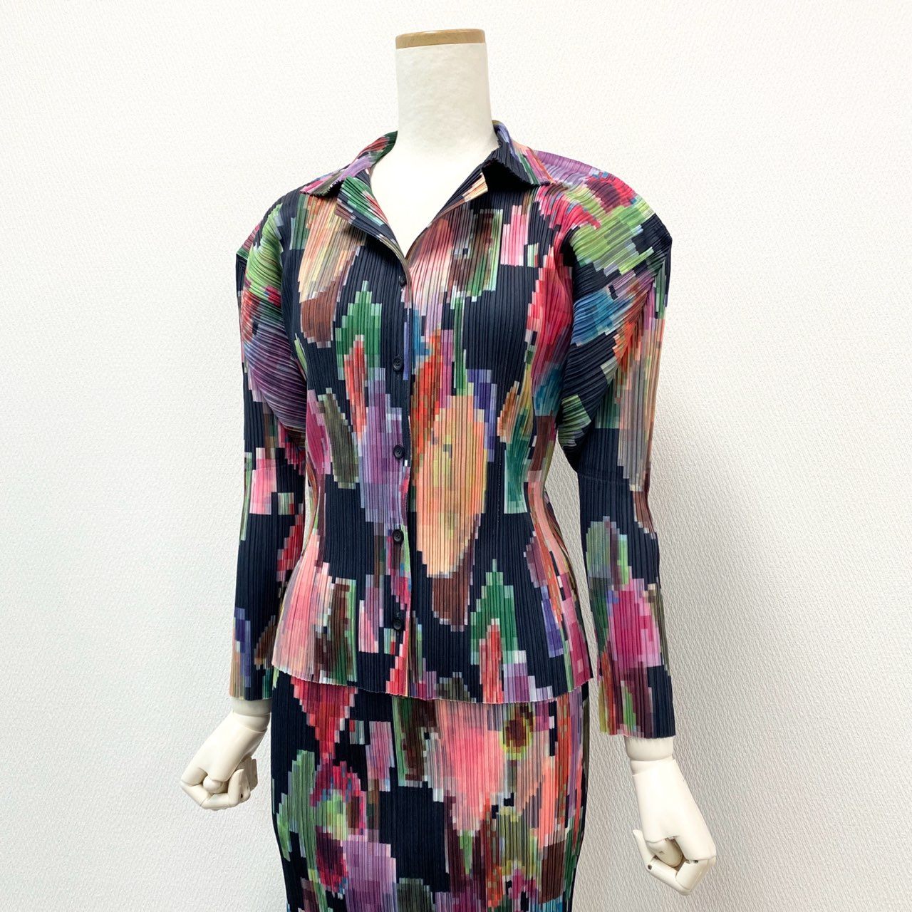 43c3 《美品》 PLEATS PLEASE プリーツプリーズ モザイクプリント プリーツセットアップ 3 マルチカラー シャツ スカート ISSEY MIYAKE イッセイミヤケ