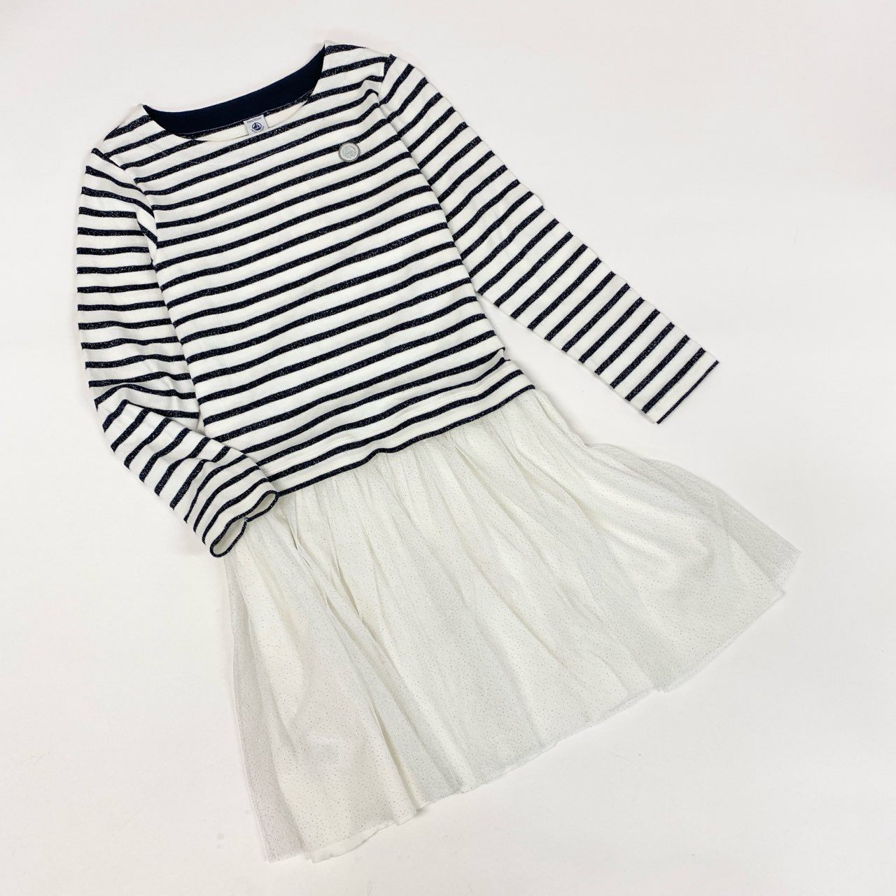5i12 《未使用品》タグ付 PETIT BATEAU プチバトー ラメマリニエールチュール付 長袖ワンピース ボーダー柄 152 ホワイト ネイビー キッズ 子供服k02i