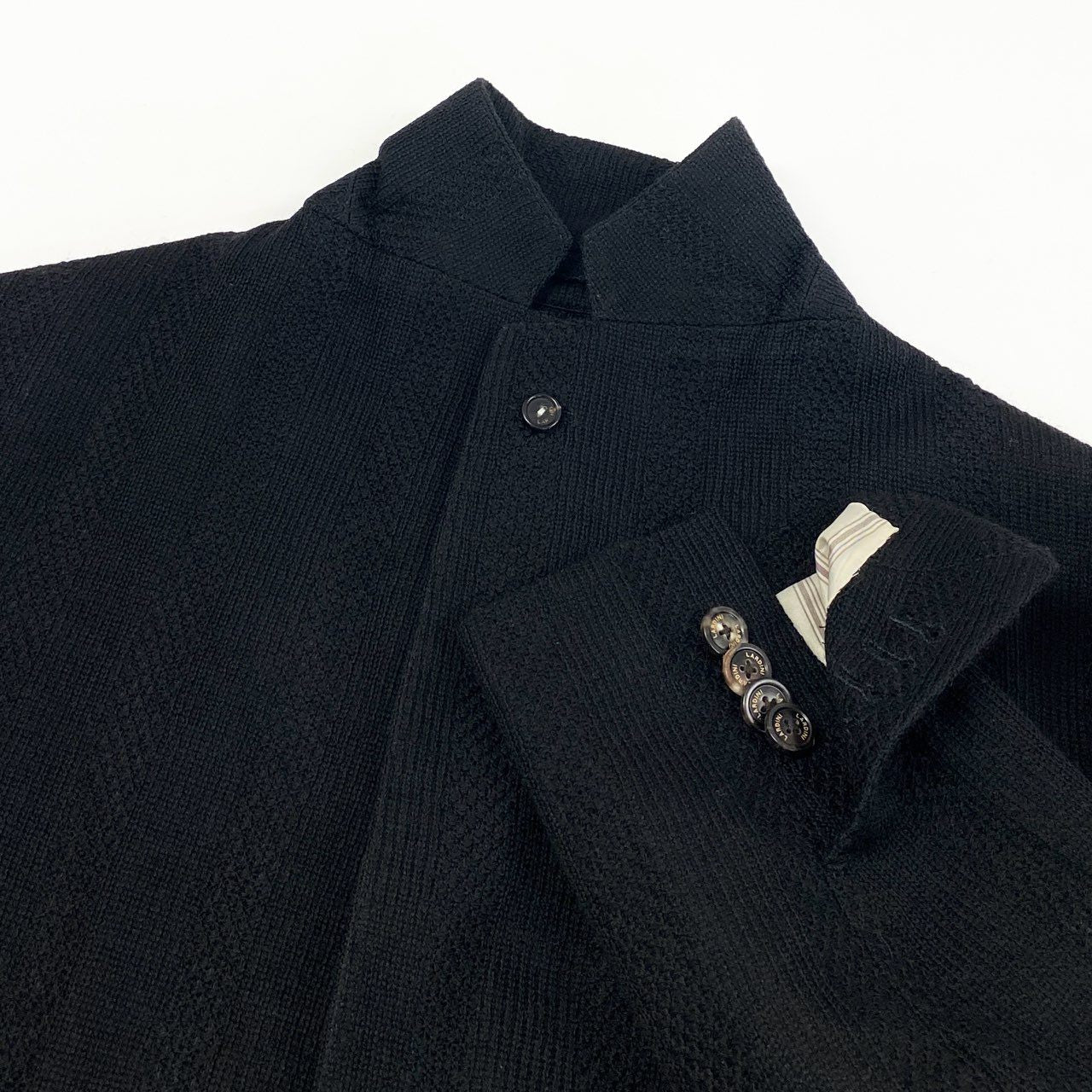 45e9 【イタリア製】LARDINI ラルディーニ LIKNIT ブートニエール ジャガード織模様 ニットジャケット テーラードジャケット サイズ44REG ブラック メンズ ブレザー ドレス