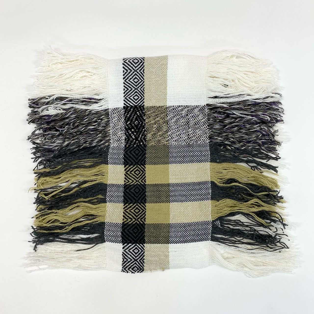 a5-1 《未使用保管品》定価¥42,900 SEEALL シーオール HANDLOOM STOLE FRINGES フリンジストール ST882 ホワイト グリーン マフラー タグ付き