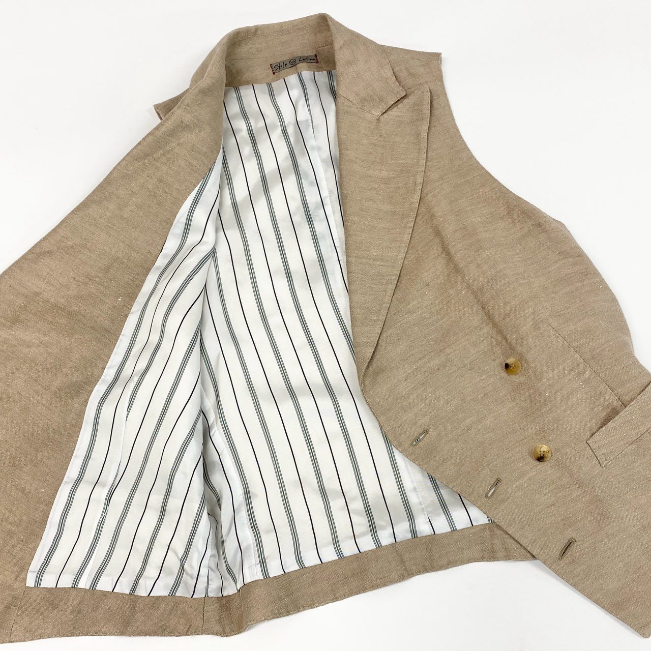 43f25 【美品】Stile Latino スティレラティーノ リネン100 ダブルブレスト ジレベスト ドレスジレ サイズ44 7R ベージュ メンズ 紳士 春夏 ベスト