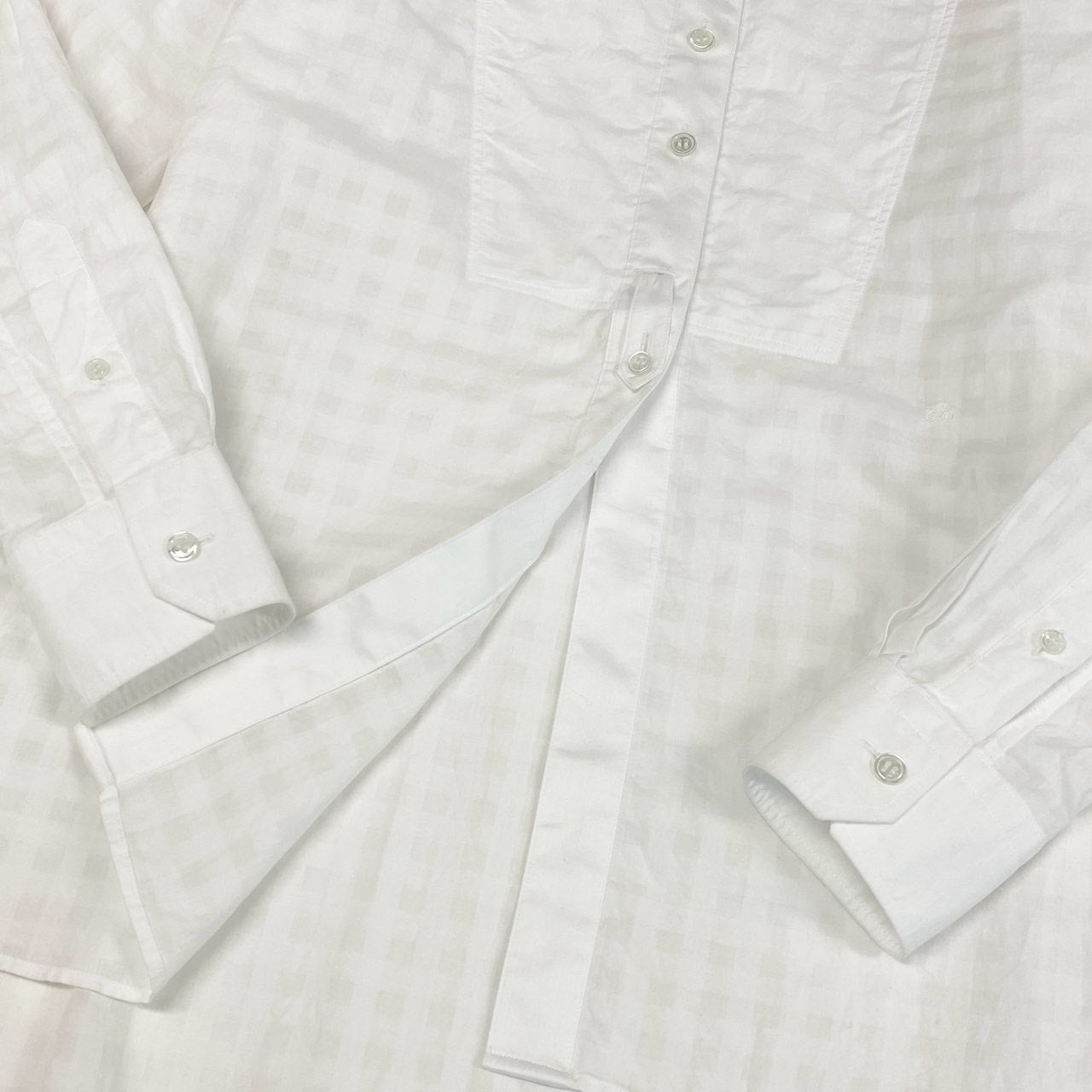 80d4 定価¥47300 Drawer ドゥロワー チェックブザム スタンドカラーシャツ 36 ホワイト シアー ブラウス 日本製
