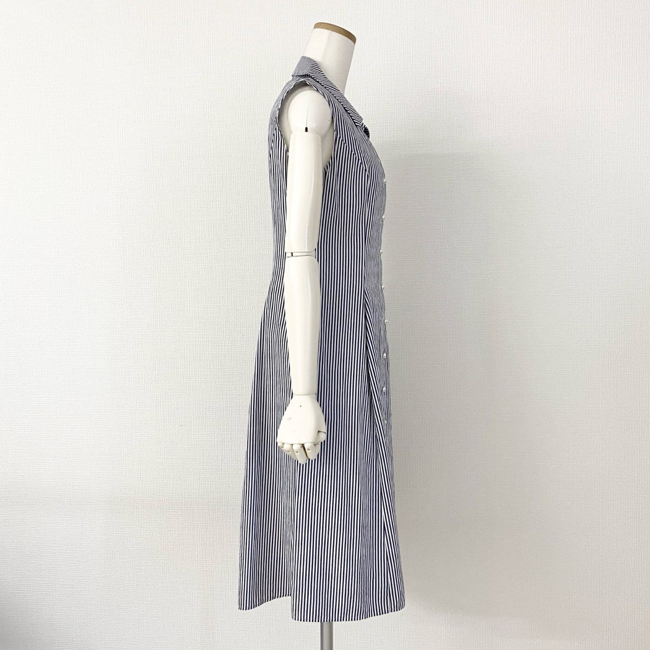 30d14 【美品】 Rene ルネ シャツワンピース ノースリーブワンピース パールボタン ストライプ 5826500 サイズ36 ブルー ホワイト コットン100% レディース 日本製