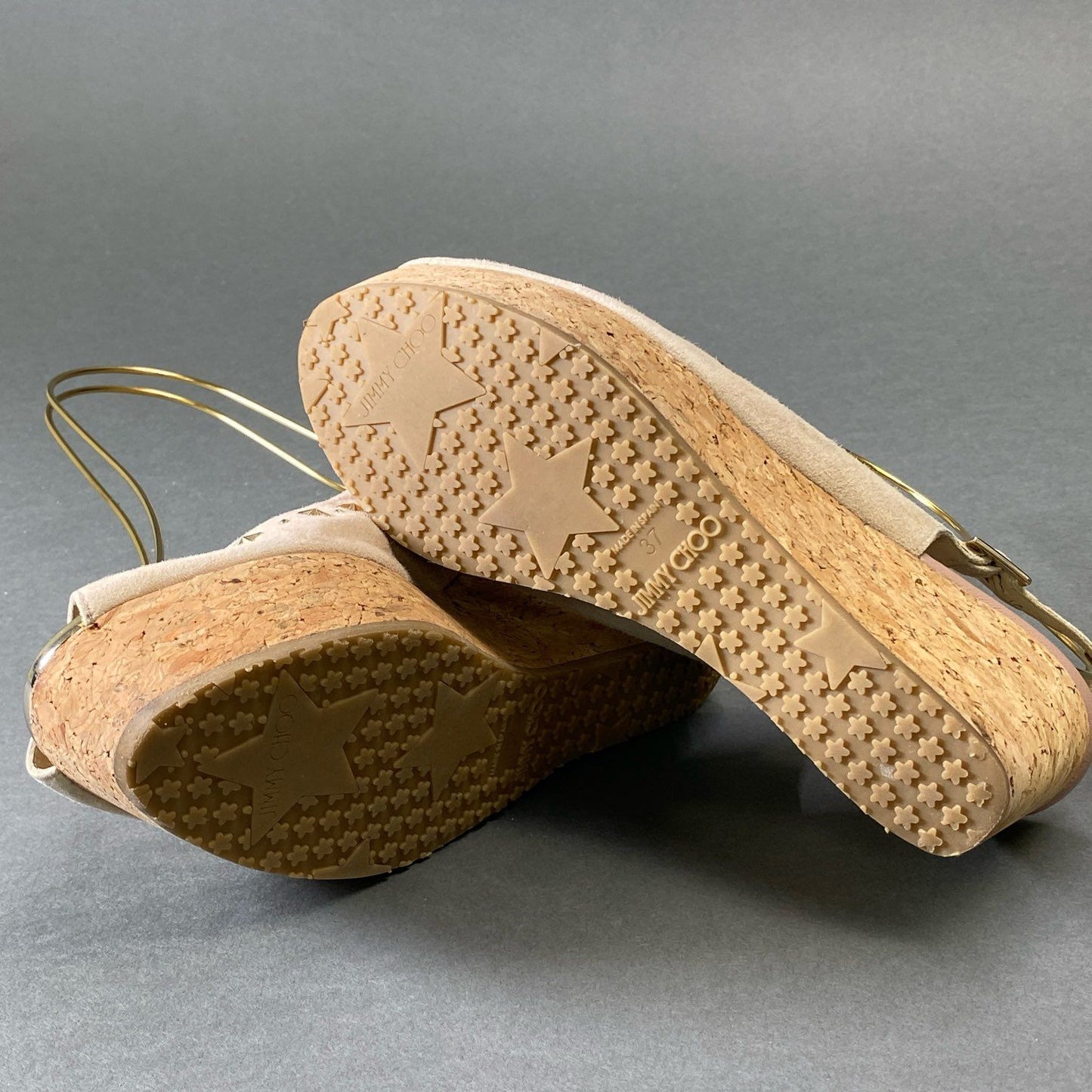 9g9 《美品》 JIMMY CHOO ジミーチュウ ウェッジソール スタースタッズサンダル 37 ベージュ スエードレザー 厚底 シューズ