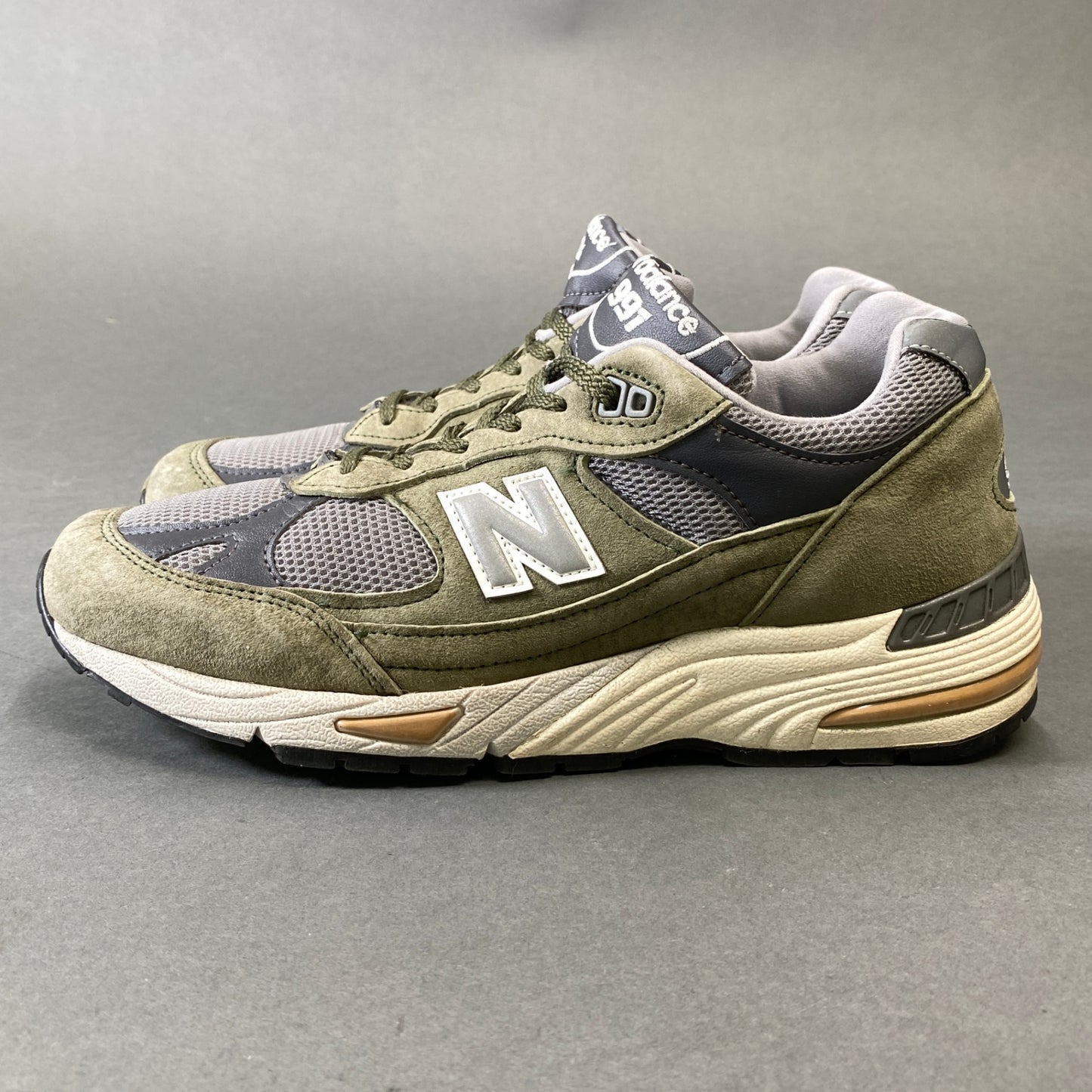 1g31 New Balance ニューバランス EX M991GGT スエードレザー スニーカー US 7 1/2 オリーブ Leather シューズ 英国製 紳士靴k02i