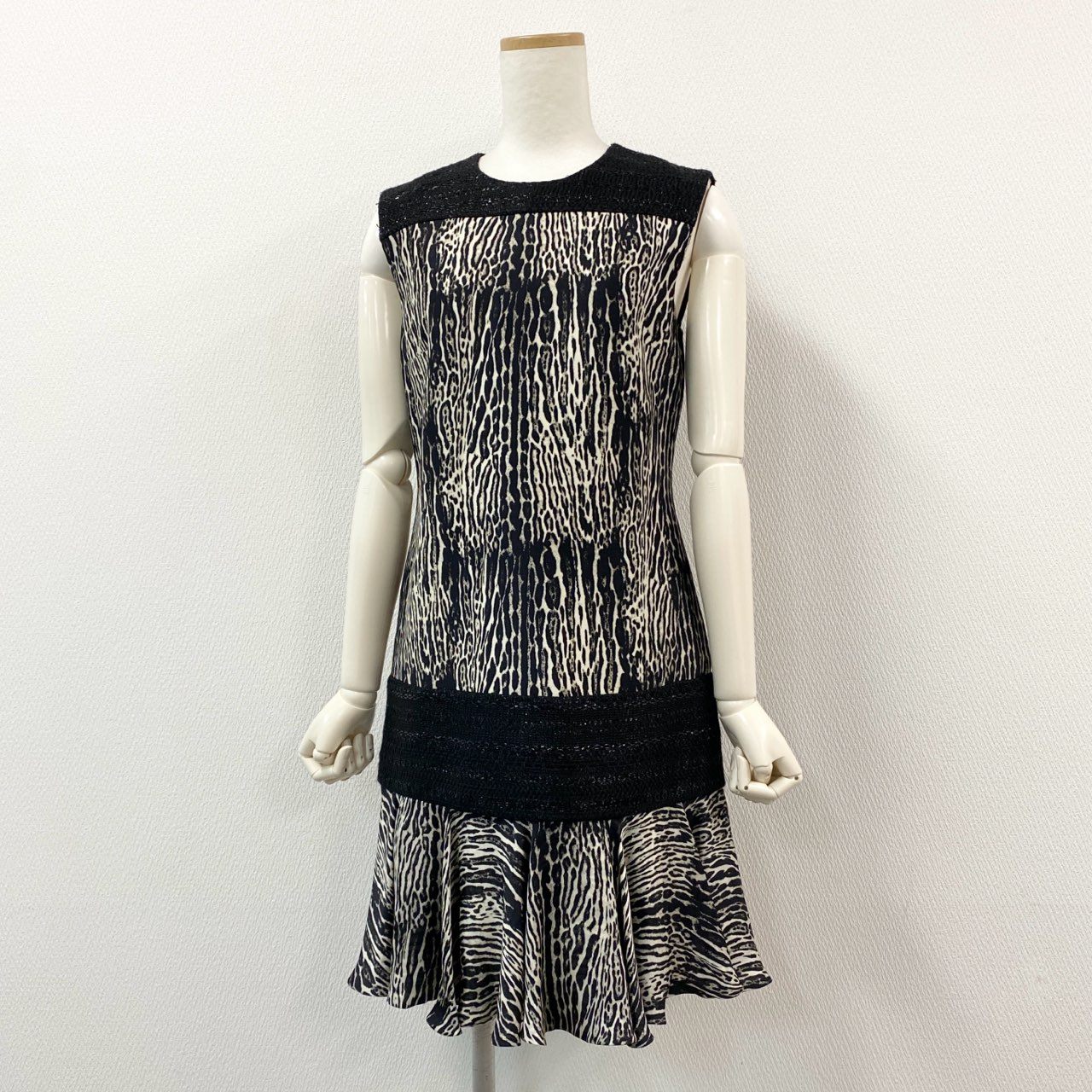 61g23 Giambattista Valli ジャンバティスタ ヴァリ イタリア製 レオパード柄 ツイード切替 ノースリーブワンピース ドレス 40 ブラック ベージュ系 レディース