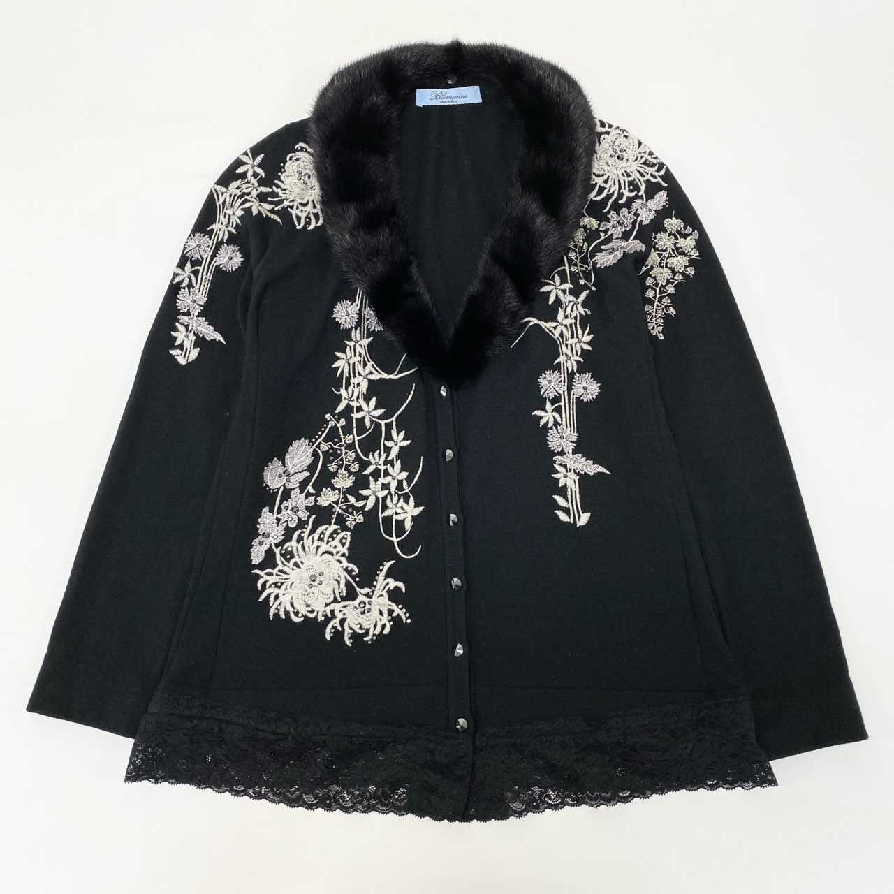 65j9 Blumarine ブルマリン ニットカーディガン ニットセーター 刺繍 ラインストーン レース ファー着脱可 ブラック レディースo07t
