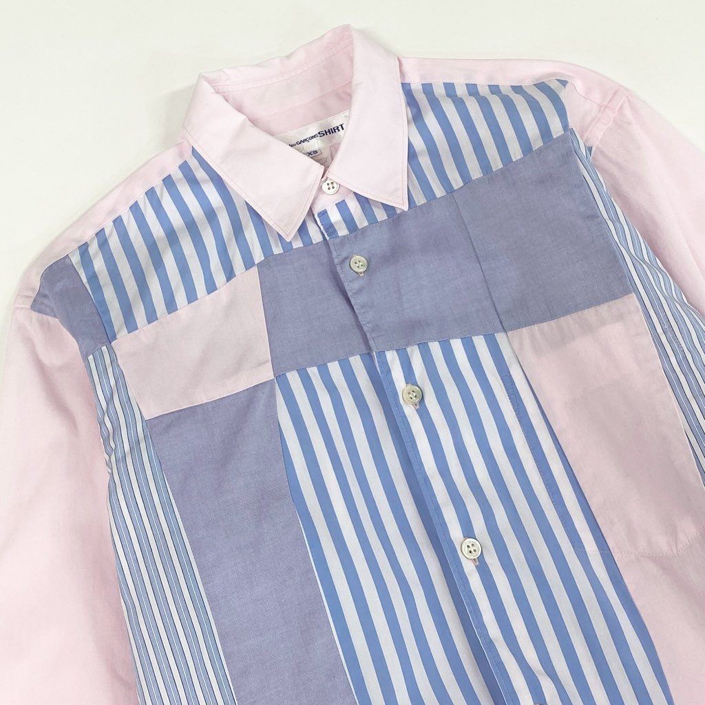 22d6 COMME des GARCONS SHIRT コムデギャルソンシャツ クレイジーパターン 長袖シャツ 再構築 ストライプ フランス製 W17060 XS ピンク ブルー コットン