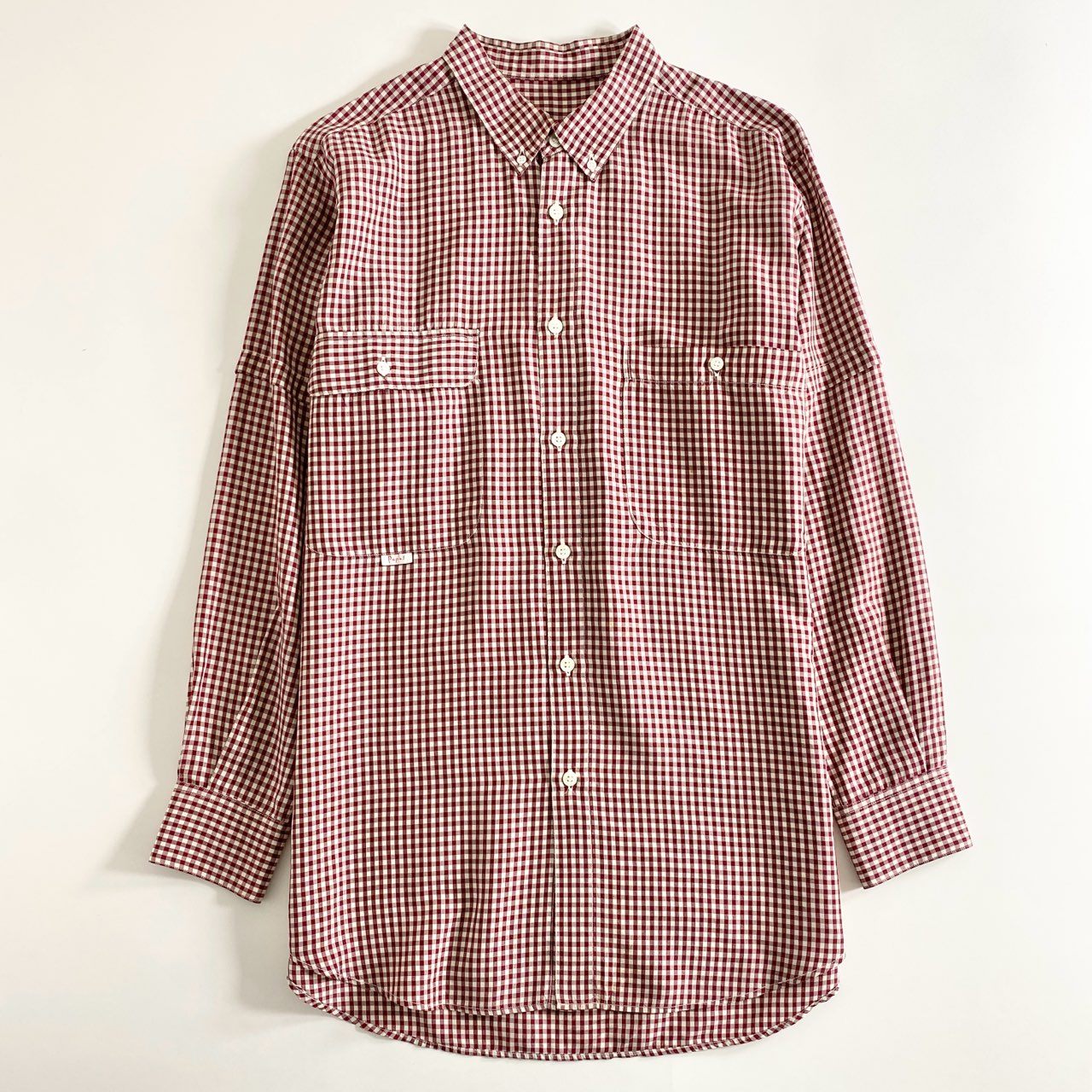 77d12 日本製 Papas パパス 長袖シャツ ボタンダウンシャツ チェックシャツ M レッド×ホワイト 絹 シルク100% メンズ 紳士服