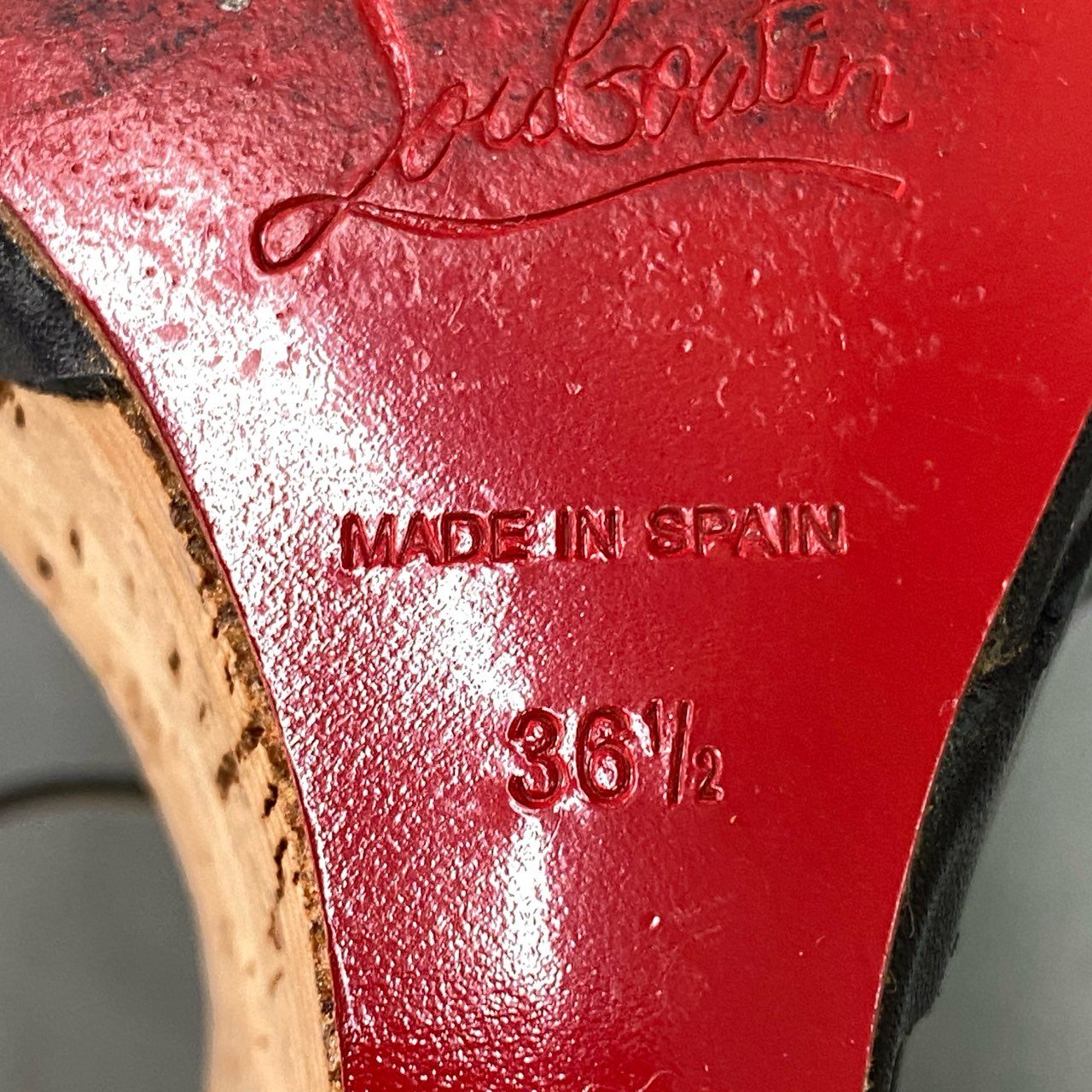 9f4 《美品》 Christian Louboutin クリスチャンルブタン ウェッジコルクソール レザーリボンサンダル 36 1/2 ブラック leather シューズ 保存袋 箱付き