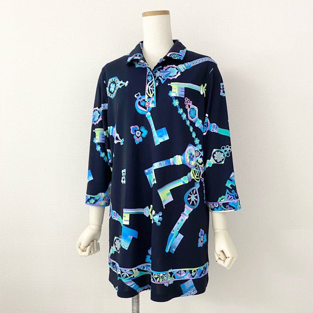 5f20-2 大きいサイズ LEONARD SPORT レオナール チュニックワンピース 襟付きワンピース 伸縮素材 手洗い◎ 0568645 サイズ42 ネイビー マルチカラー ポリエステル100% レディース 日本製