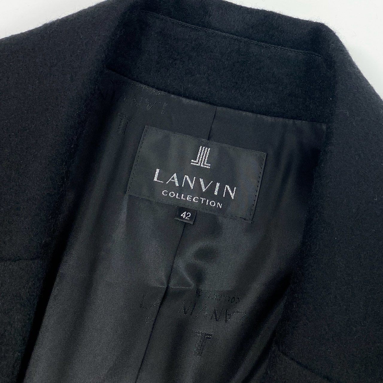 61g23 LANVIN COLLECTION ランバンコレクション 総カシミヤ ダブルプレスト チェスターコート ベルテッドロングコート 42 ブラック カシミア100 レディース