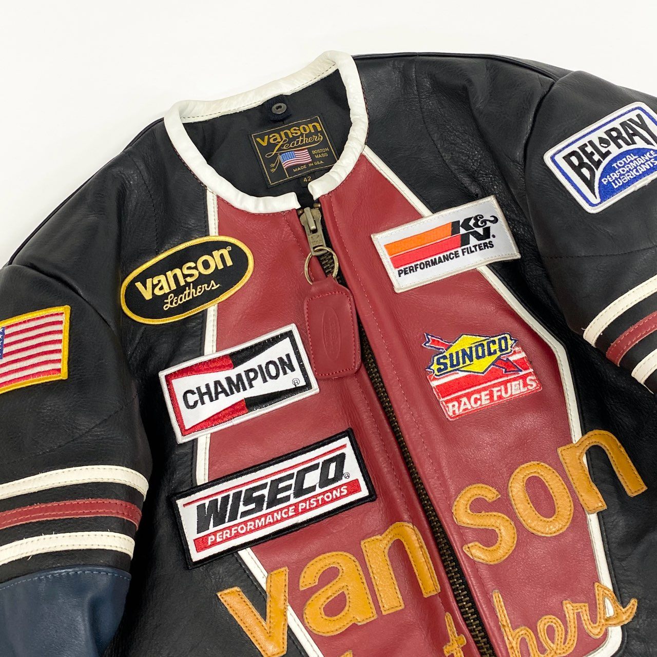 49f2 VANSON バンソン USA製 BOSTON MASS ワンスター シングルライダースジャケット レーシング ワッペン 42 ブラック マルチカラー レザー