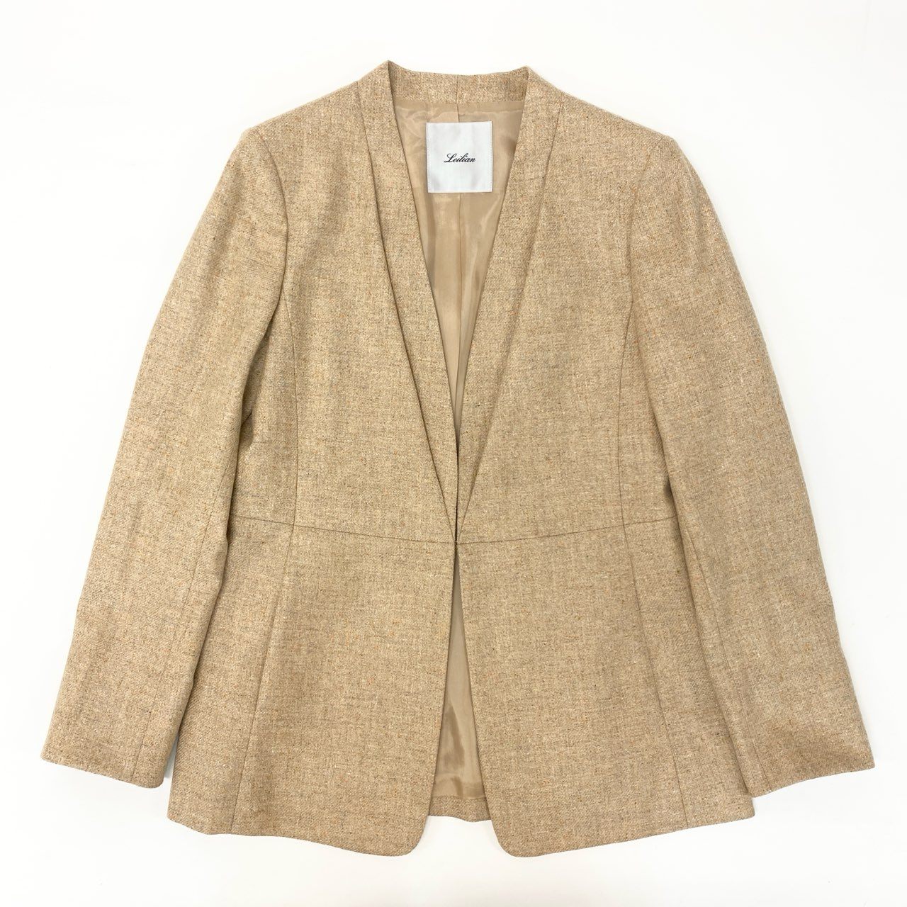 86j20 《極美品》 Leilian レリアン ノーカラージャケット テーラードジャケット ロロピアーナ生地 カシミヤ97% サイズ9 ベージュ ミックスネップ レディースu02t