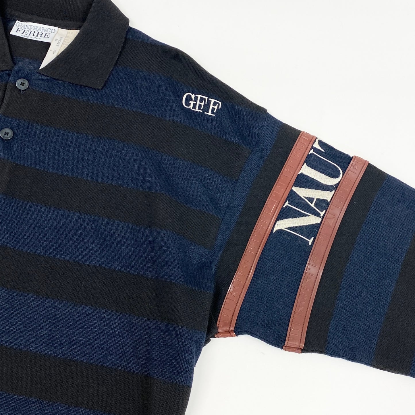 58i11 イタリア製 GIANFRANCO FERRE ジャンフランコフェレ ニットポロシャツ セーター 袖ロゴ 52 ブラック ネイビー コットンリネン メンズ 90s~00s old vintageu02t