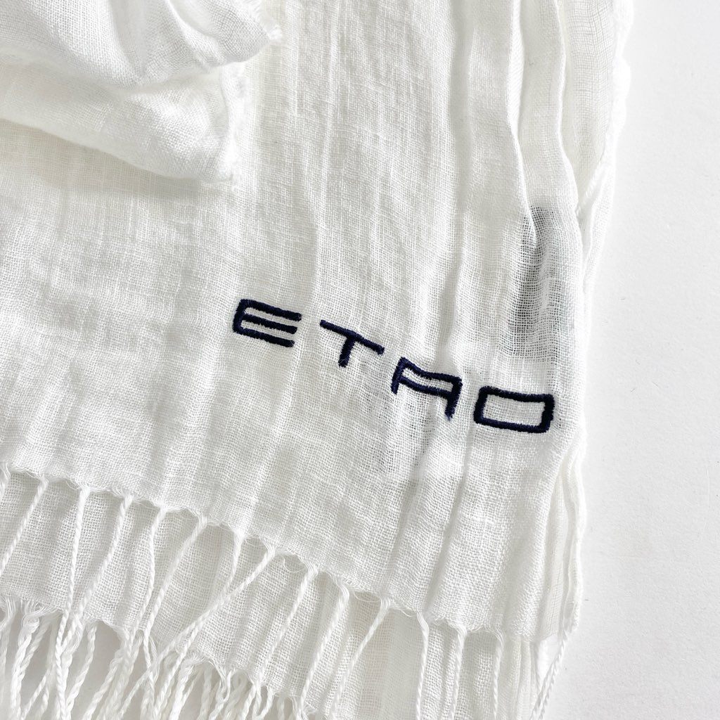 3f8 ETRO エトロ イタリア製 リネンストール ホワイト 麻100% フリンジ MADE IN ITALY LINEN STOLE