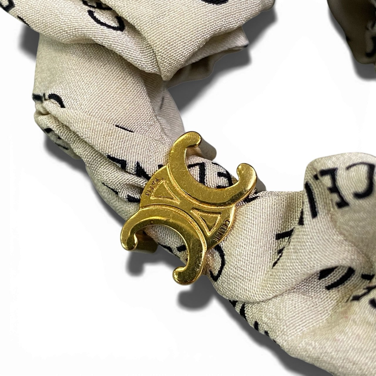 b16 CELINE セリーヌ ロゴ シュシュ ヘアアクセサリー トリオンフ ゴールド金具 グリーン シルク フランス製ta1