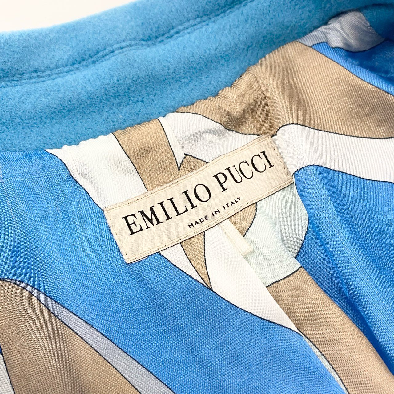 63j9 EMILIO PUCCI エミリオプッチ イタリア製 ステンカラーコート ロングコート 裏地総柄 比翼 レディース 女性用 9ERA05 40 ライトブルー ウールu02t