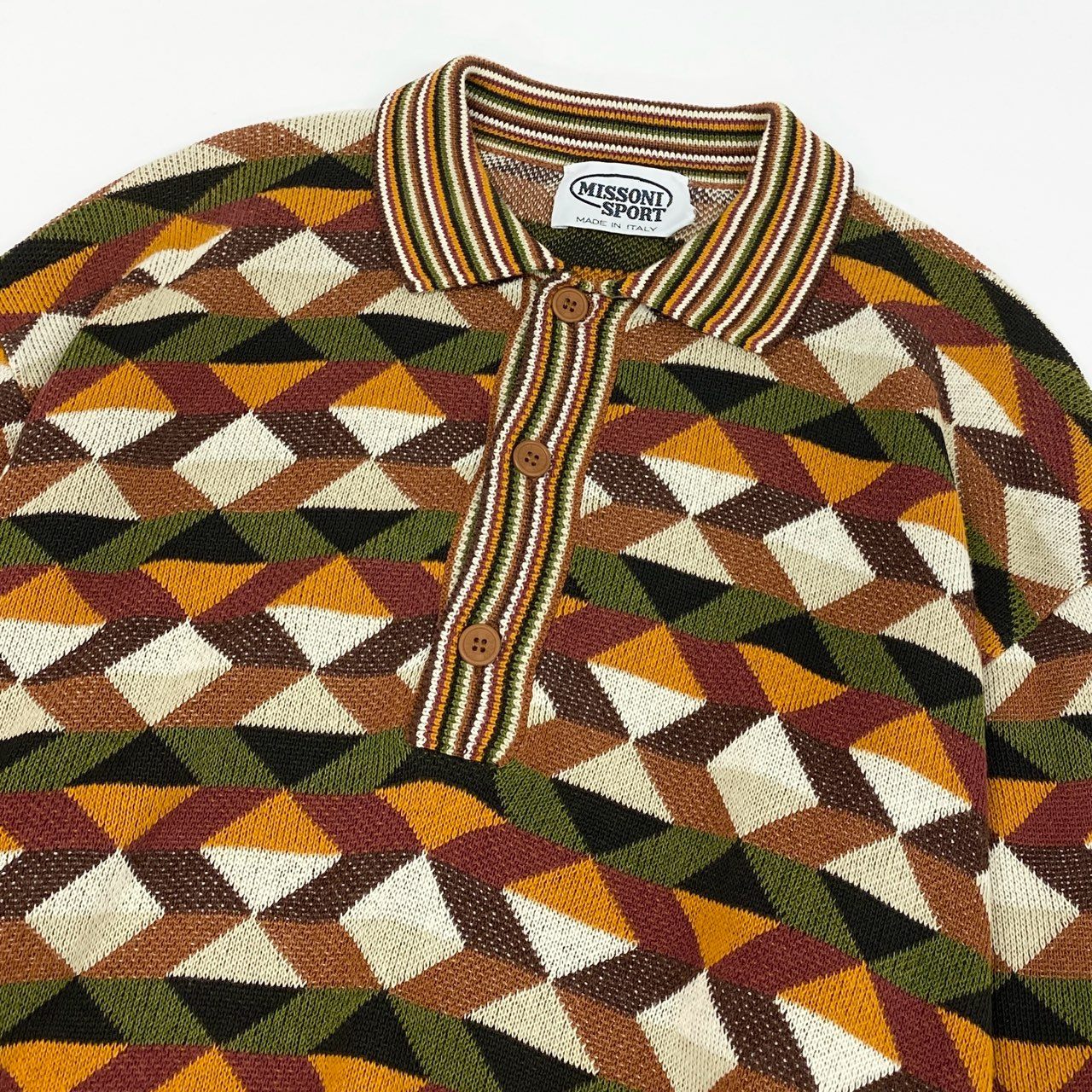 14f12 MISSONI ミッソーニ 幾何学 長袖 サマーニットポロシャツ M 茶系 プルオーバー イタリア製 紳士服