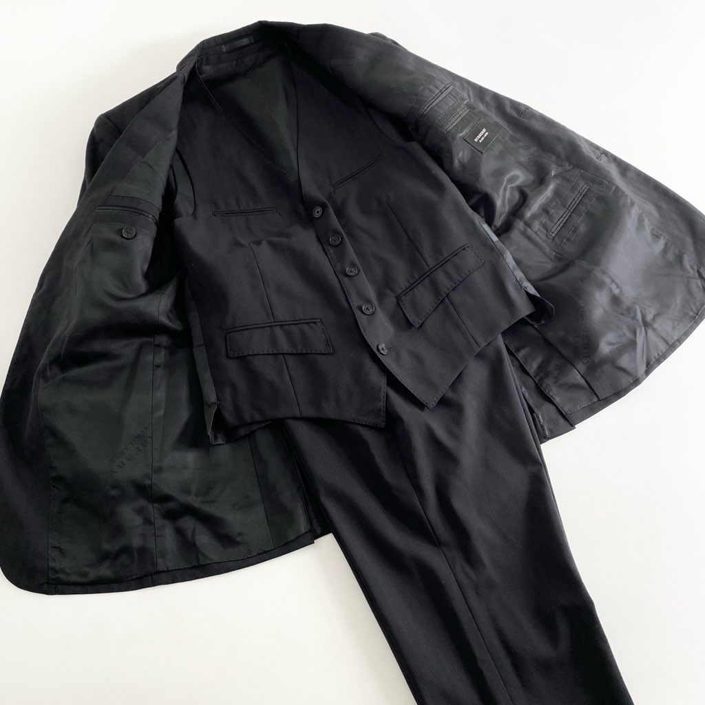 83h27 BURBERRY BLACK LABEL バーバリーブラックレーベル スリーピース シングルスーツ ビジネススーツ セットアップ D1H06-702-09 サイズ92-76-170 38R ブラック ストライプ 羊毛100% メンズ