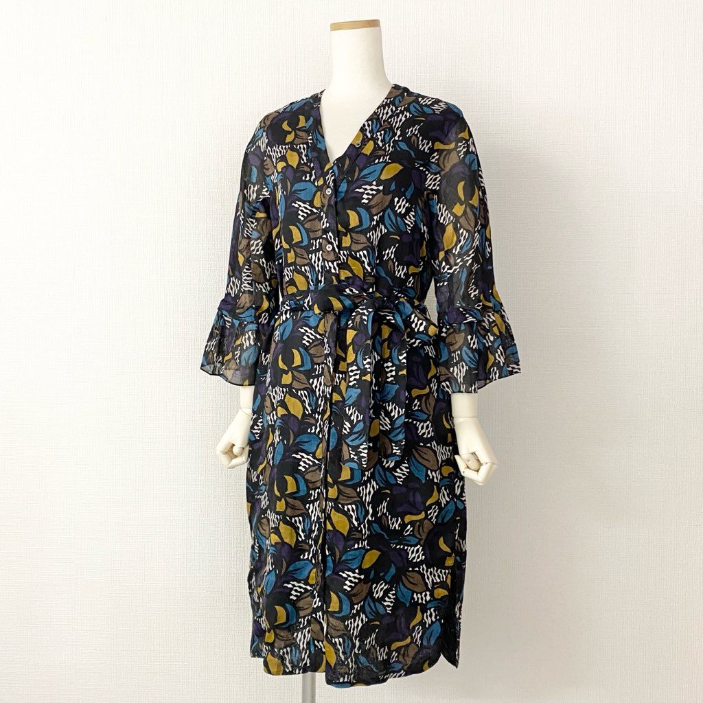 23h21 《未使用保管品》 定価¥82,500 タグ付 S MaxMara エスマックスマーラ 長袖ワンピース ドレス ロングスリーブ ウエストベルト 総柄プリント 前開き 38 ネイビー ラミー