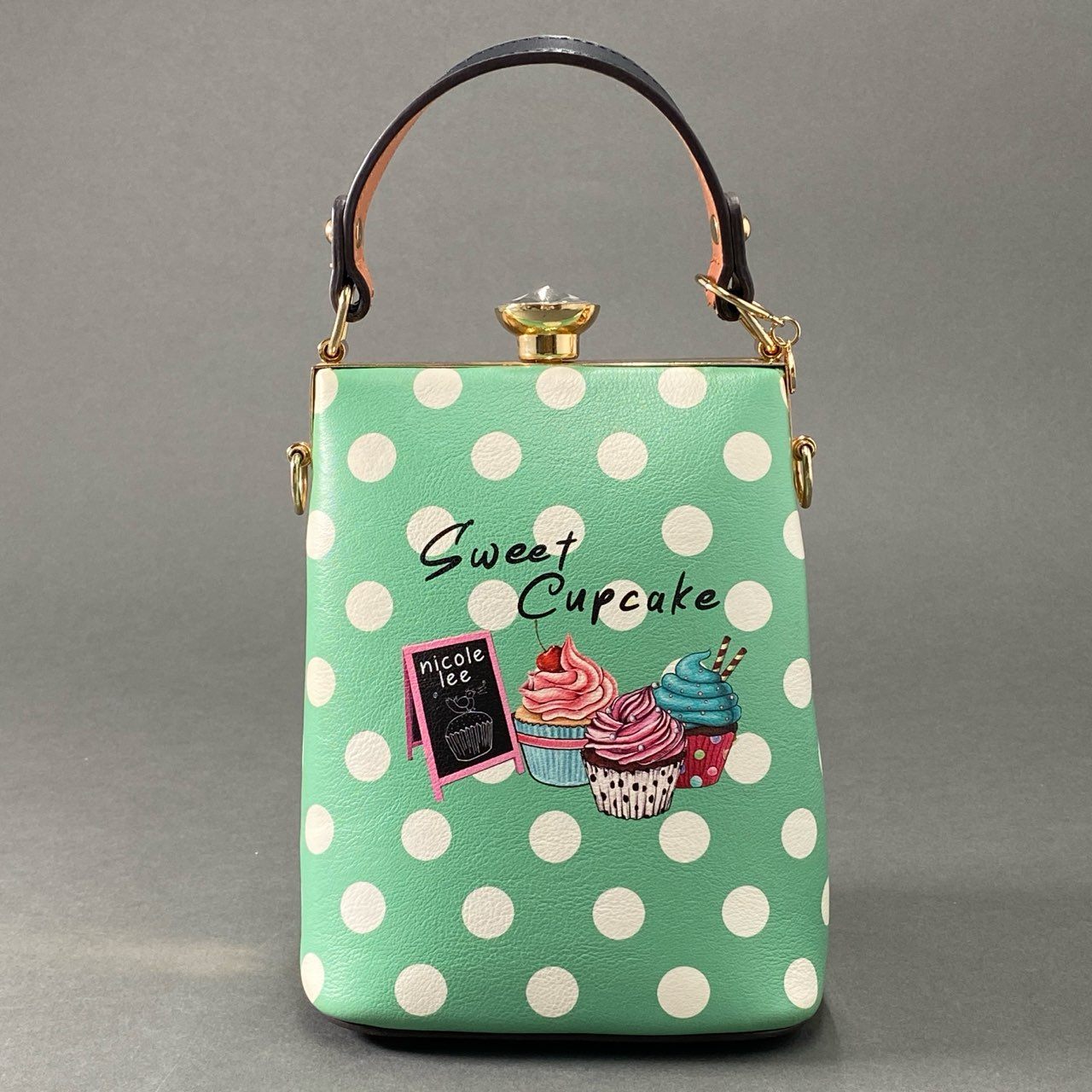 Dh3 NICOLE LEE ニコルリー 2WAY CUPCAKE DOG ショルダーバッグ ハンドバッグ グリーン ビジュー USA カップケーキ ドッグ カバン