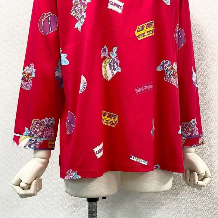 80g23 【美品】 LEONARD SPORT レオナールスポーツ ハーフジップ カットソー トップス 長袖 コットン 総柄 スタンドカラー レディース 女性用 0538194 42 レッド 綿100%