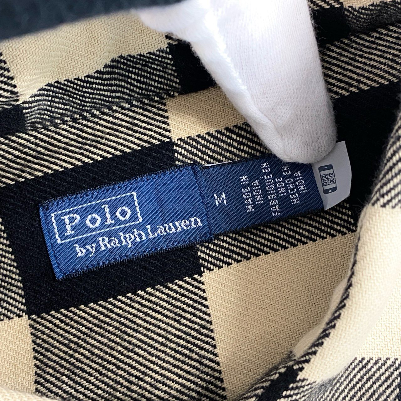 13f7 POLO RALPH LAUREN ポロラルフローレン フラップポケット コットンネルシャツ 長袖シャツ ブロックチェック オーバーサイズ Mサイズ 165 ベージュ ブラック コットン メンズ