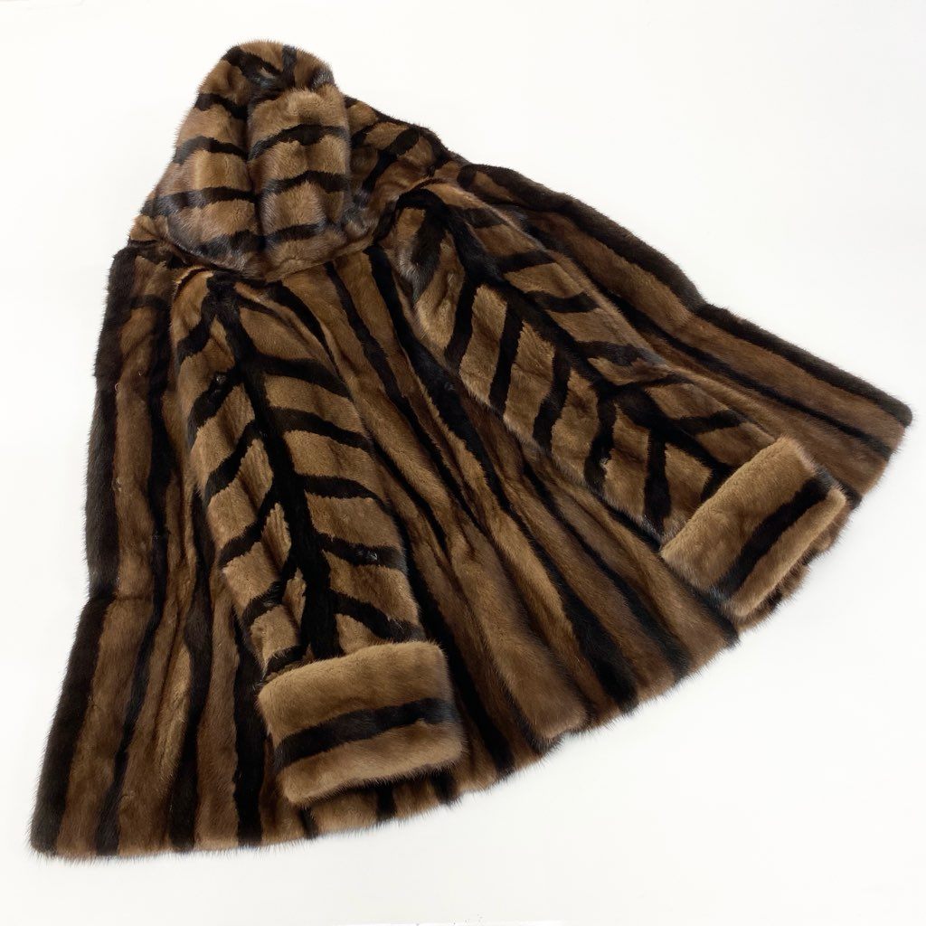 43l25 希少デザイン フード付き ミンクコート サイズF 茶系 ダブルカラー 本毛皮 MINK FUR ウエストゴム ポケット有t18r