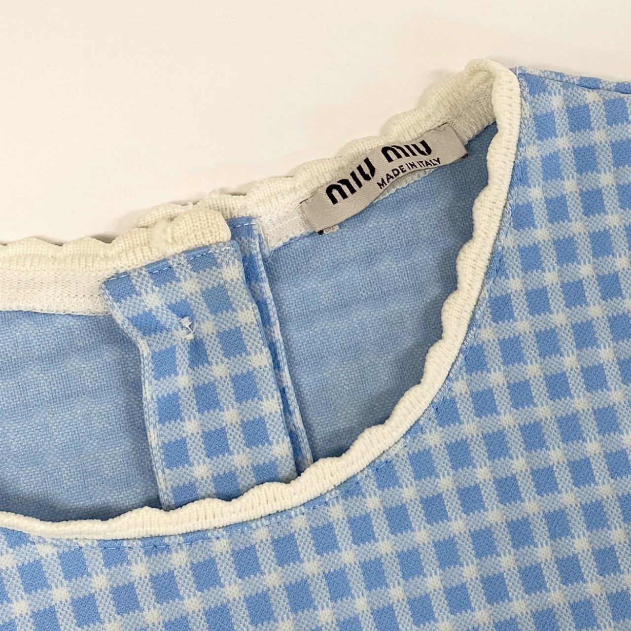 77f24 miu miu ミュウミュウ イタリア製 ギンガムチェック 半袖ニット トップス MJN172 XSサイズ ブルー レディース
